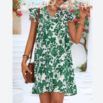 V-Neck Tie Ruffle Sleeve Floral A-Line Dress Wholesale Dresses