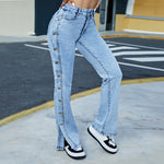 Fashion Slit Side Button Design Straight Leg Denim Trousers Wholesale Womens Jeans