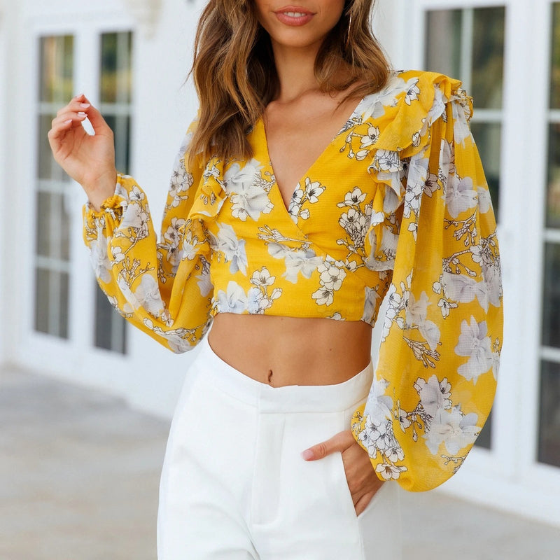 Floral Low-Cut V-Neck Wooden Ears Long-Sleeved Chiffon Crop Tops Wholesale Women'S Tops
