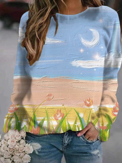 Fashion Print Tops Crew Neck Loose Wholesale Womens Long Sleeve T Shirts