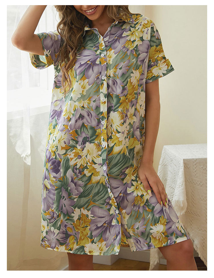 Short Sleeve Floral Print Single-Breasted Lapel Midi A-Line Dress Casual Wholesale Shirt Dresses
