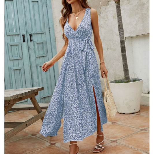 V-Neck Low-Cut Floral Print Sleeveless Slit Belt Temperament Dress Wholesale Dresses