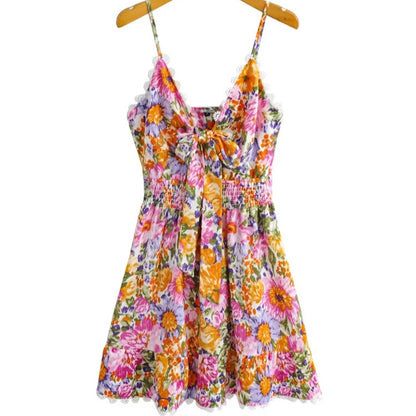 Lace Stitching Bowknot Sexy Sling A-Line Floral Dress Wholesale Dresses