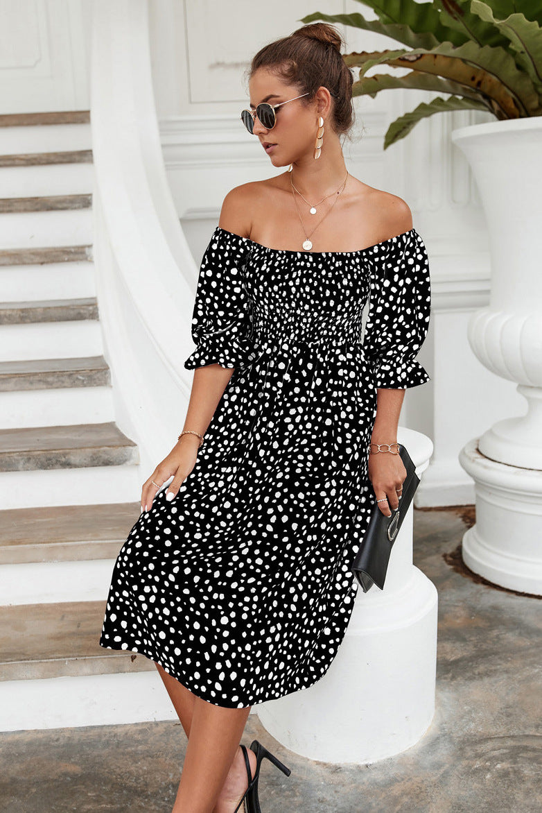 Dot Print Wide Neck Puff Sleeve High Waist Midi Dress Casual Wholesale Dresses