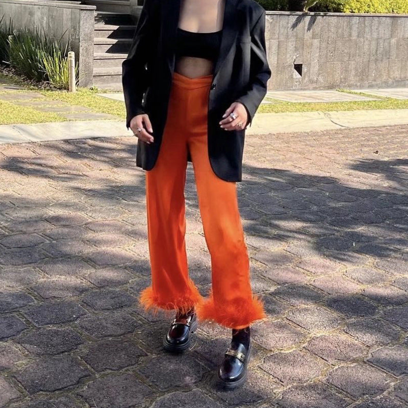 Orange Feather Fashion High-Rise Loose Satin Trousers Womens Straight-Leg Wholesale Pants