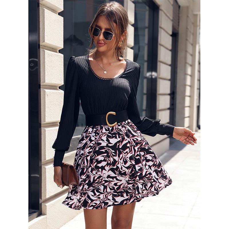 Printed U-Neck Slim Long-Sleeve A-Line Dress Wholesale Dresses