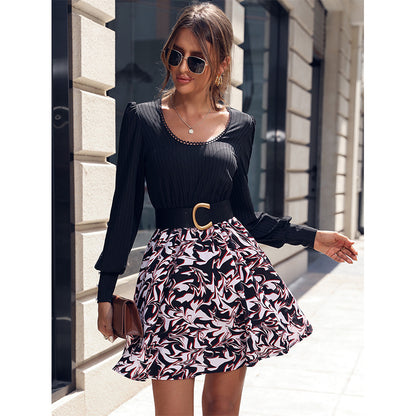 Printed U-Neck Slim Long-Sleeve A-Line Dress Wholesale Dresses