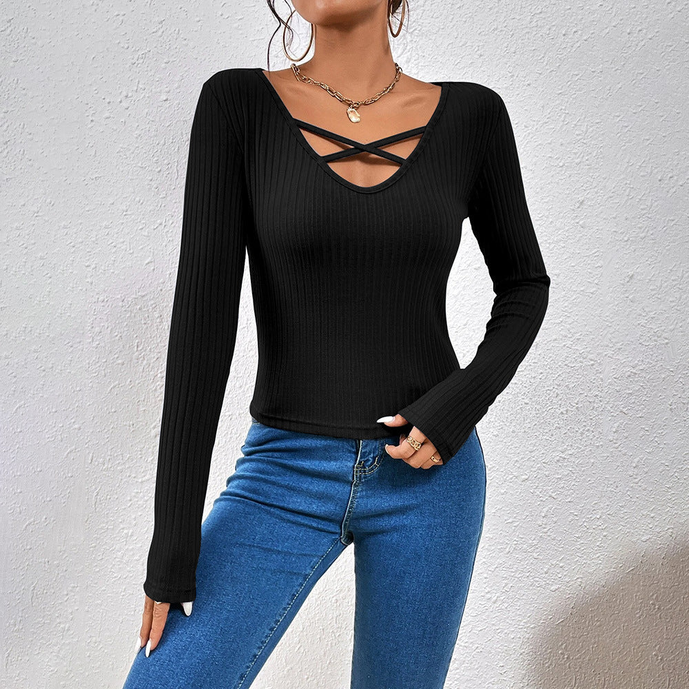 V-Neck Slim Fit Long Sleeves Casual T-Shirts Wholesale Womens Tops