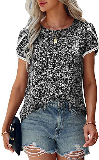 Crew Neck Printed Shirt Short Lace Petal Sleeve Womens Tops Casual Wholesale T Shirts