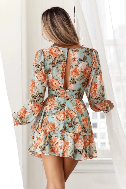 Floral Print Deep-V Open Back Lantern Sleeve High Waist Double Ruffle Dress Chic Wholesale Dresses