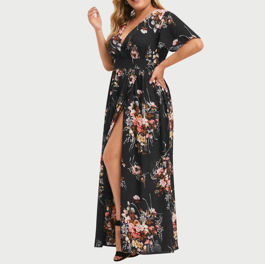 V Neck Floral Print Nipped Waist Slit Curvy Maxi Dresses Wholesale Plus Size Clothing