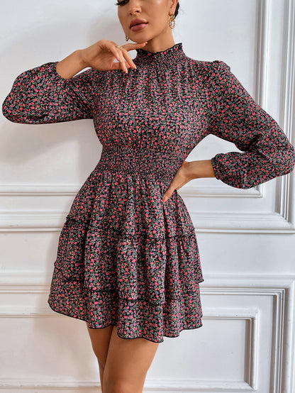 Floral Print Long Sleeve High Collar Ruffled Dress Wholesale Dresses