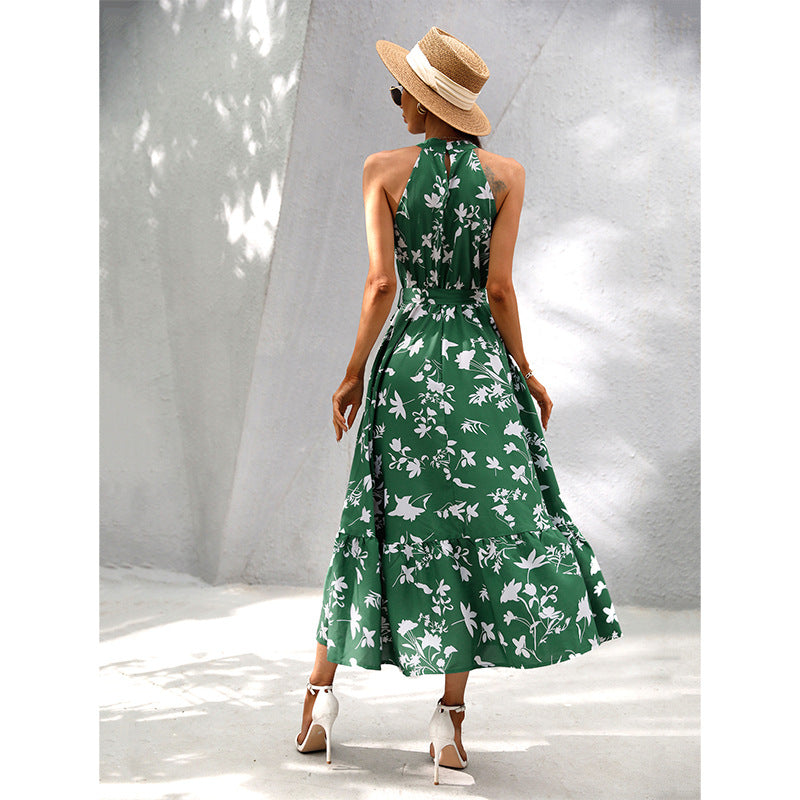 Printed Halterneck Sleeveless Lace-Up Ruffle Long Swing Dress Wholesale Dresses