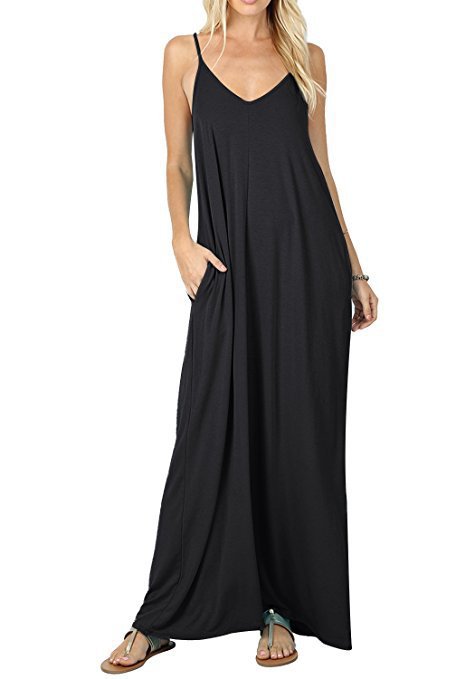 Women Sleeveless Spaghetti Strap V Neck Plain Wholesale Maxi Dresses Summer