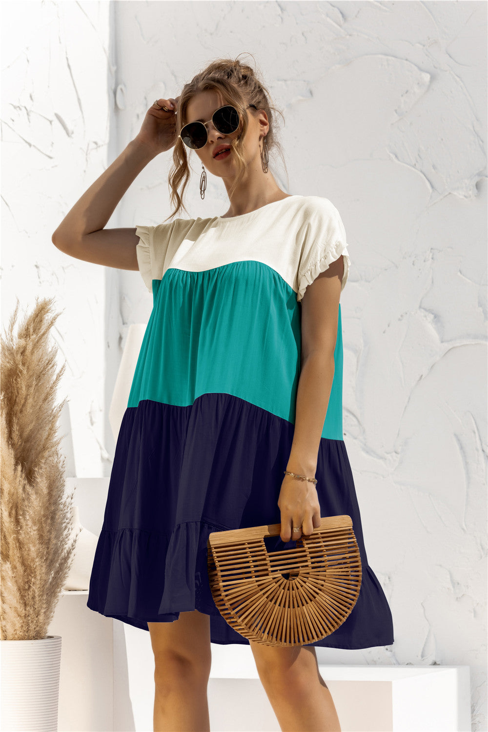 Round Neck Colorblock Ruffles Short Sleeve Loose Smocked Dresses Casual T Shirt Dress Wholesale