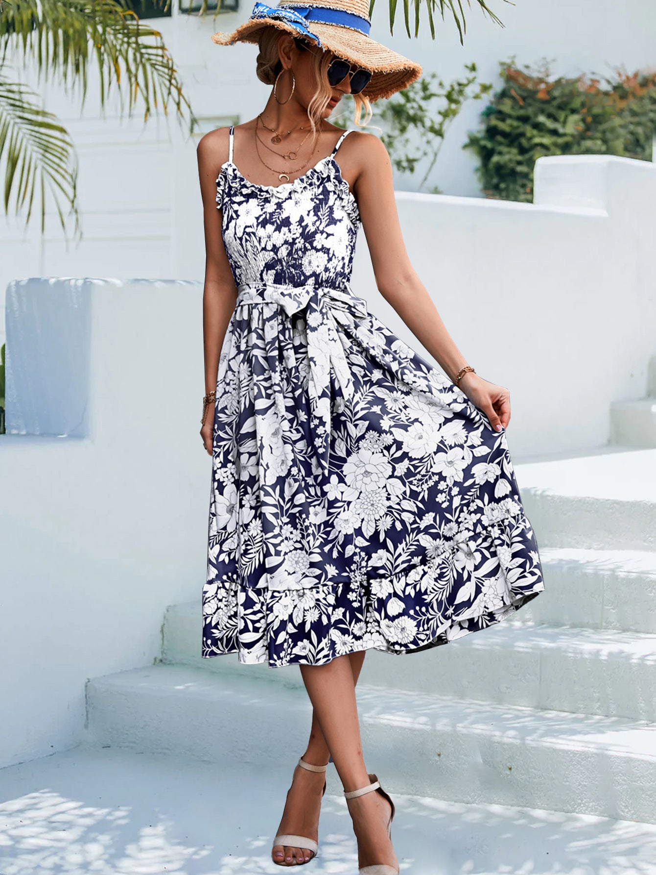 Ruffle Tie-Up Waist Floral Print Midi Sling Dress Wholesale Dresses