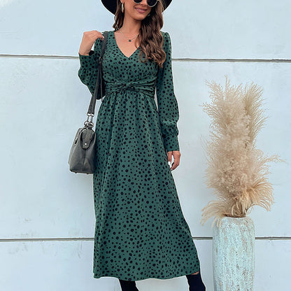 Long Sleeve V-Neck Polka Dot Ruched Dress Wholesale Dresses