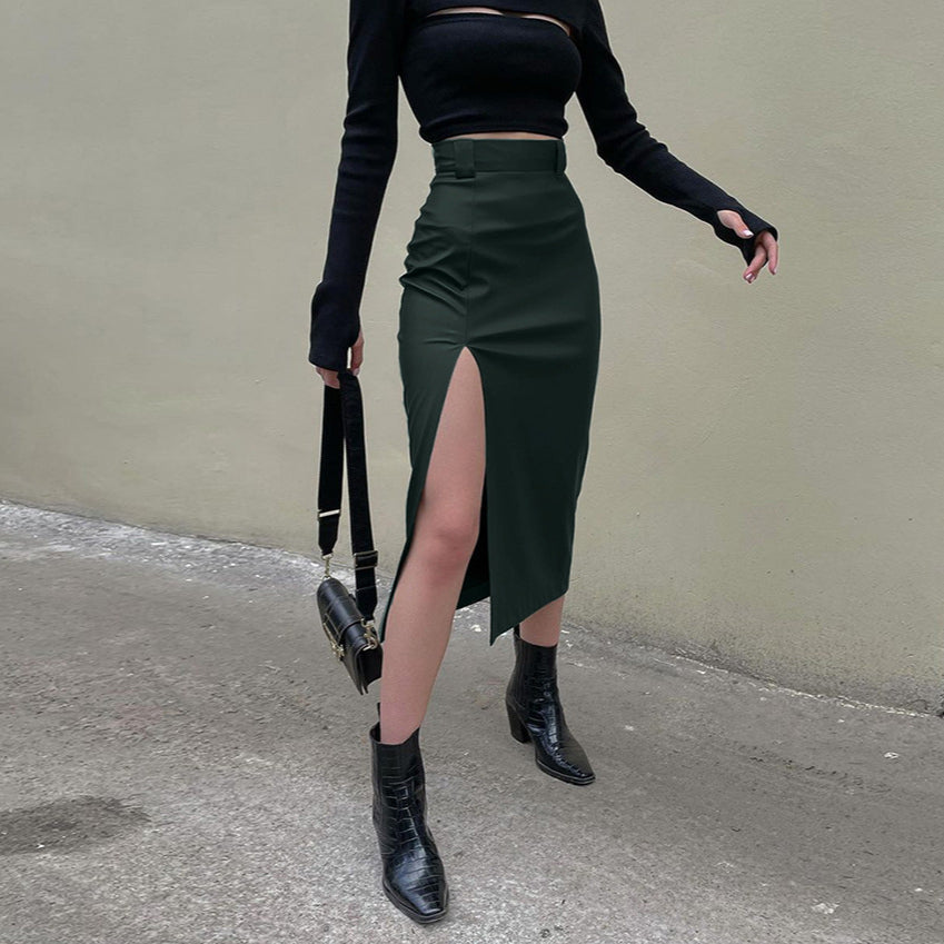 PU Matte Leather Sexy Slit Midi High Waist Wholesale Skirt