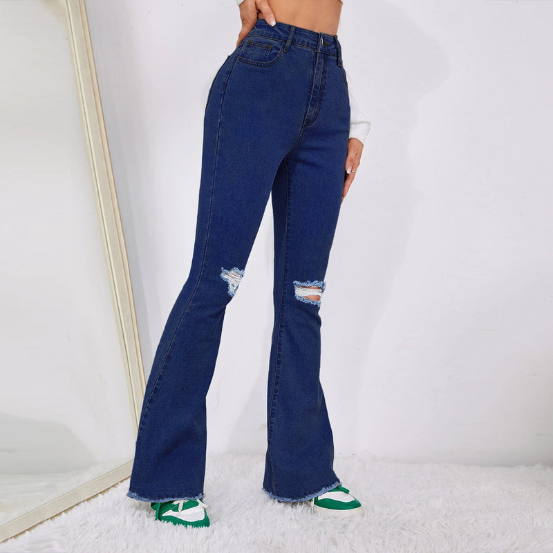 Trendy Personality Ripped Denim Flared Pants Wholesale Jeans