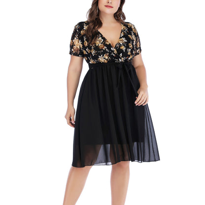 Chiffon Sexy Deep V Print A-Line Dress Lace-Up Short Sleeve Dresses Wholesale Plus Size Clothing