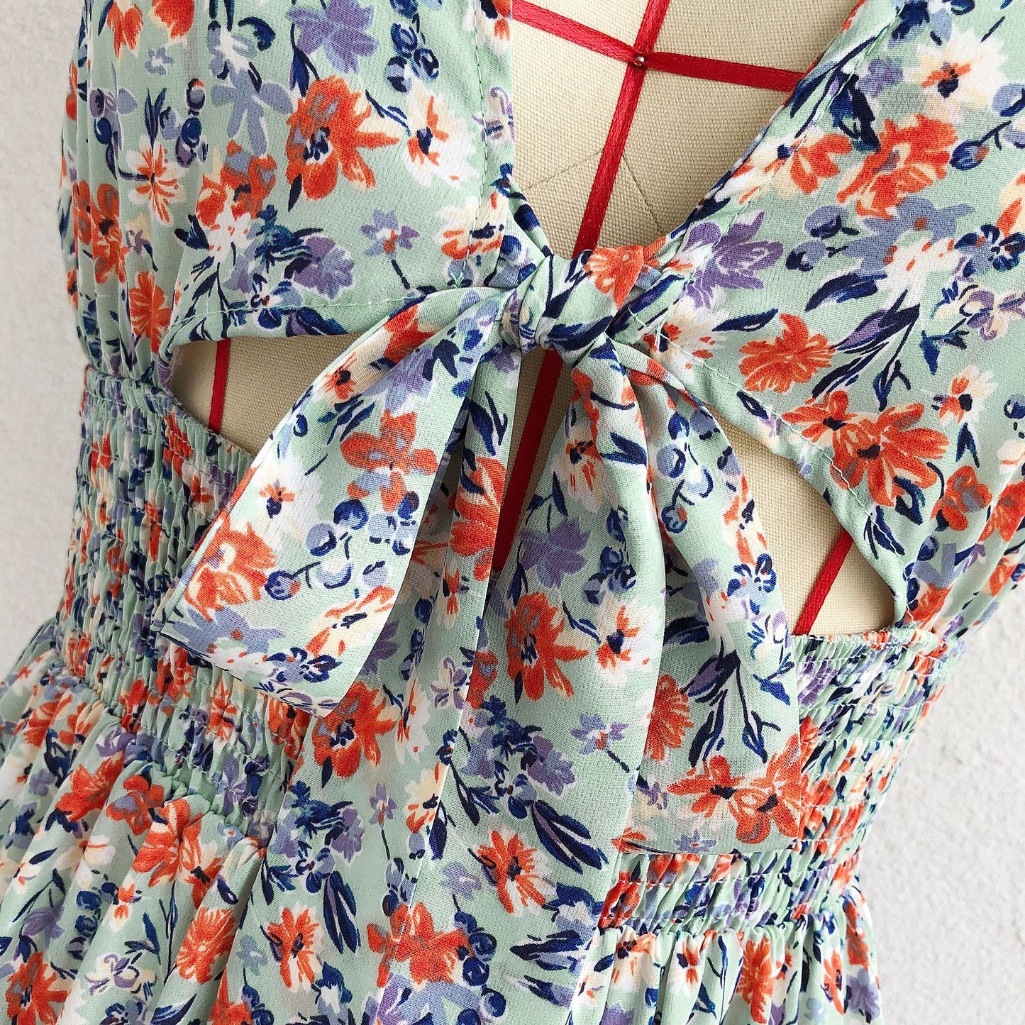 Floral Print Short Sleeve V Neck Bowknot Hollow Out Wholesale A Line Dresses for Summer