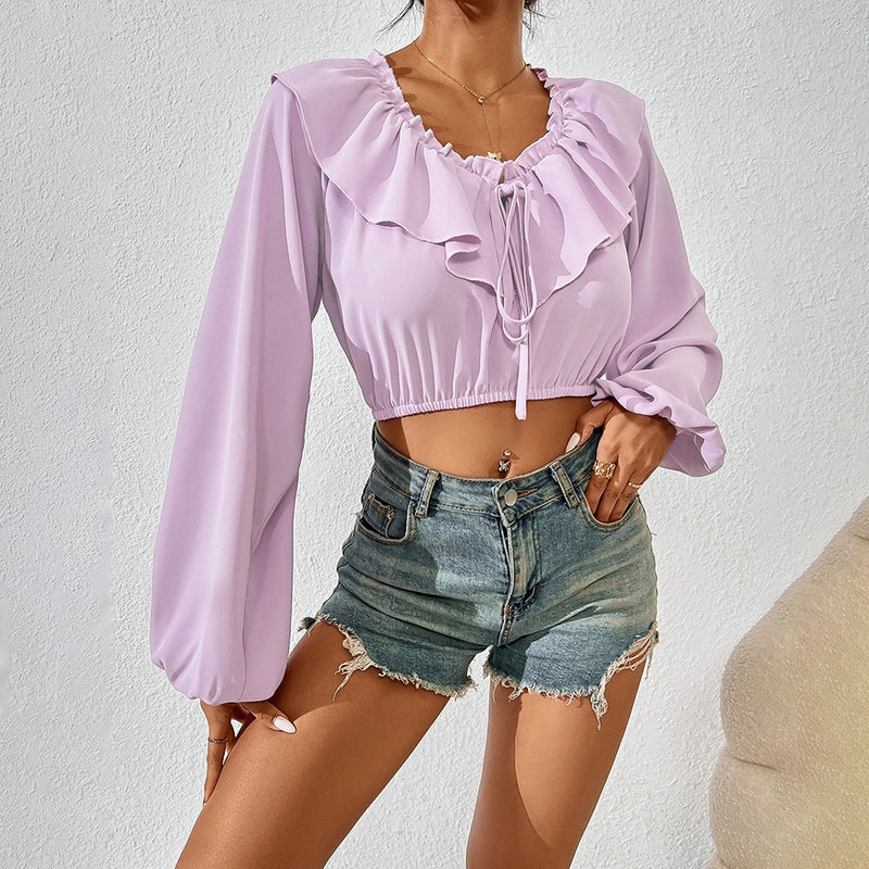 Ruffle Neck Puff Sleeve Long Sleeve Cropped Shirts Wholesale Womens Tops