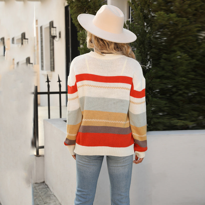 Fashion Casual Striped Knitted Tops Long Sleeve Loose Round Neck Women Wholesale Sweaters