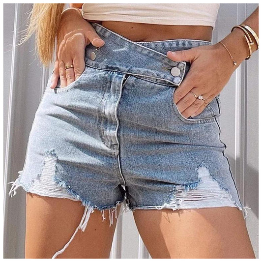 Fashion Ripped High Waist Wholesale Denim Shorts Solid Color Short Pants