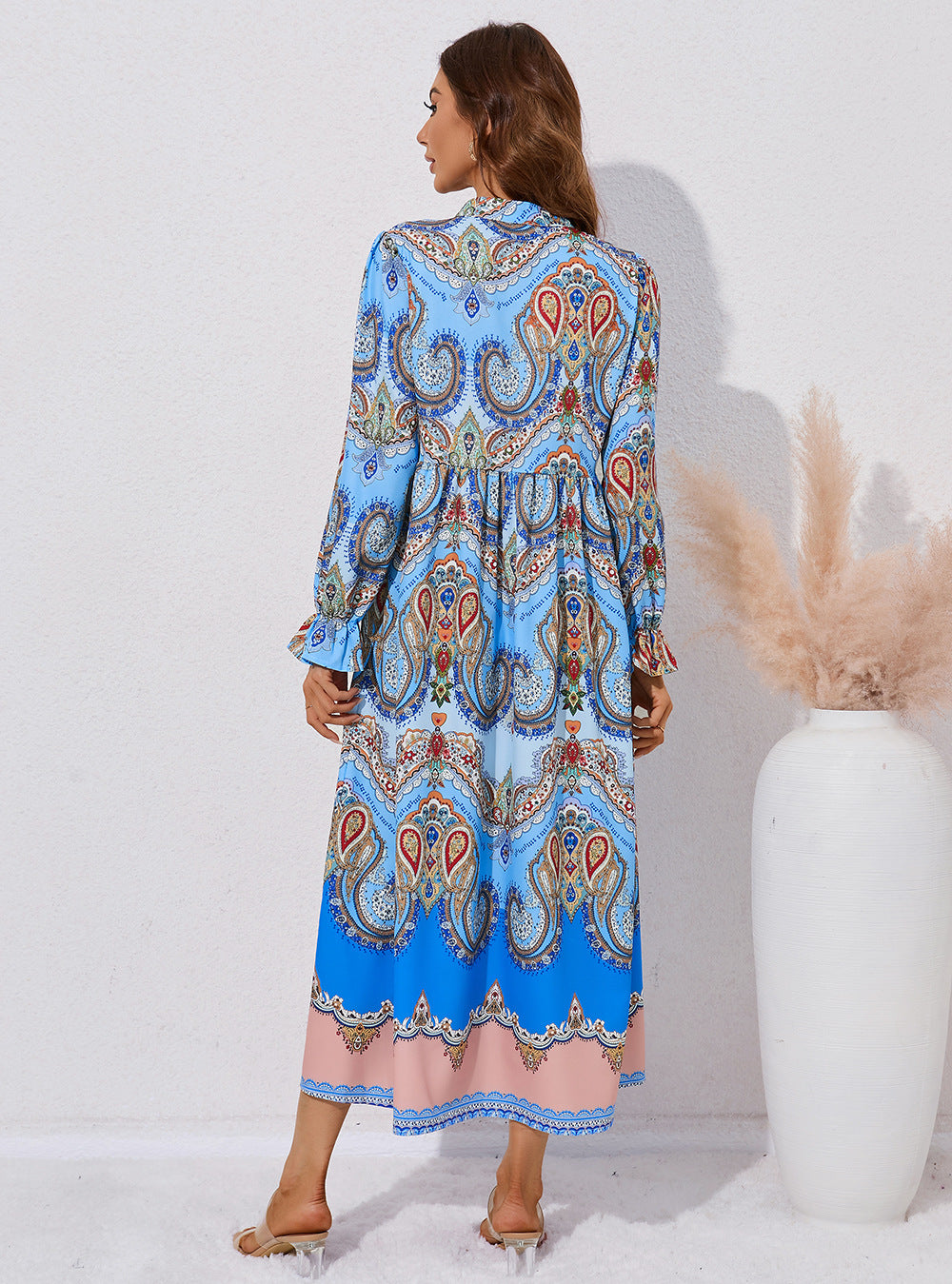 Fashion Printed Single-Breasted Long-Sleeve Shirt Dress Wholesale Dresses