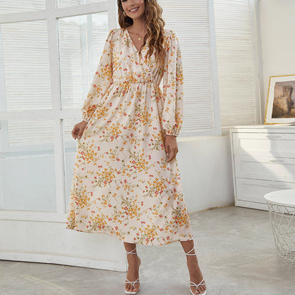 Elegant V-Neck Printed Casual Long Sleeve Midi Dress Wholesale Dresses