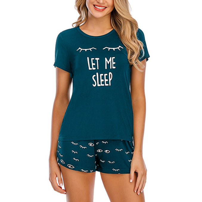 LET ME SLEEP Print T Shirt & Shorts Modal Pajamas Set Wholesale Loungewear