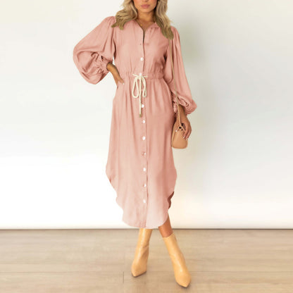 Long Sleeve Midi Lace-Up Linen Shirtdress Wholesale Shirt Dresses