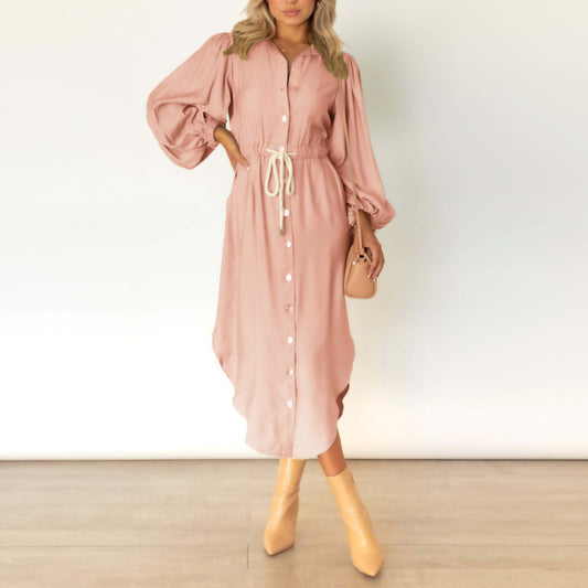 Long Sleeve Midi Lace-Up Linen Shirtdress Wholesale Shirt Dresses