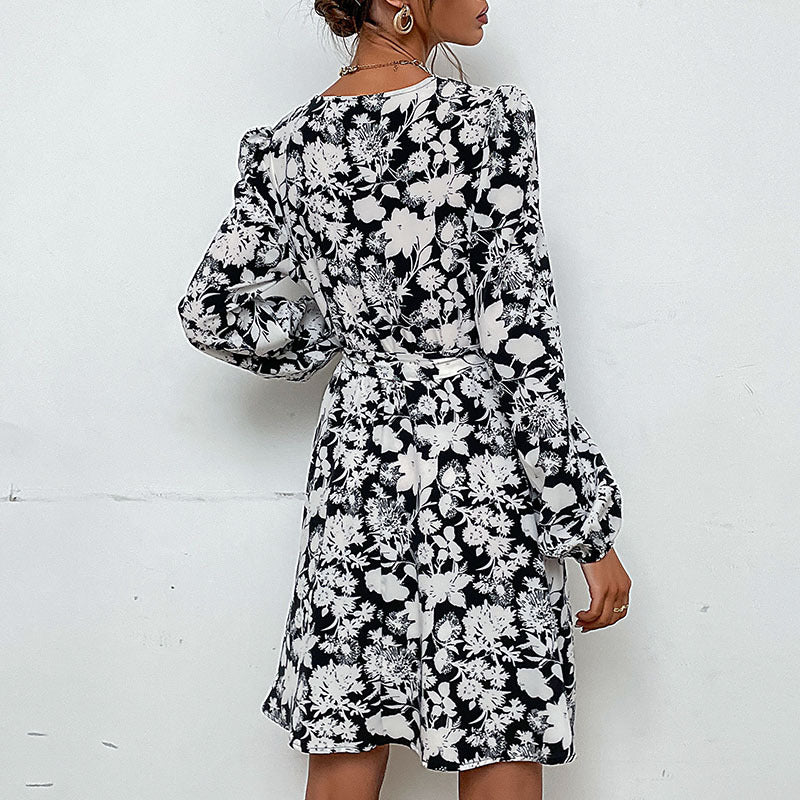 Casual V-Neck Long Sleeve Tie-Up Floral Dress Wholesale Dresses