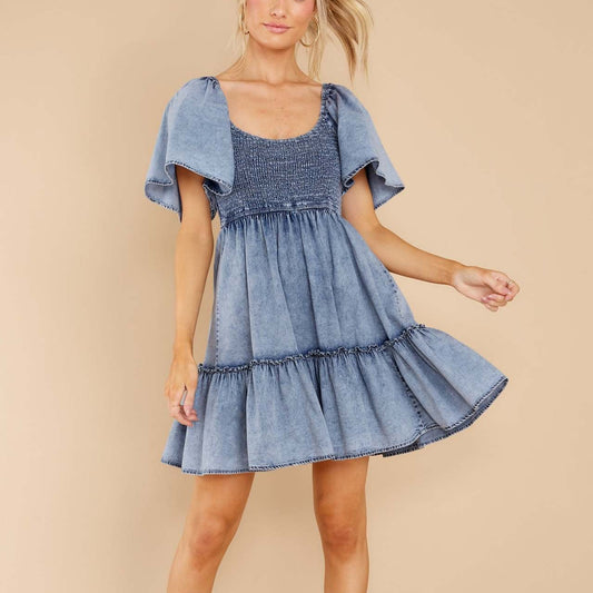 Sexy U Neck Denim Swing Dress Casual Short Sleeve Solid Color Wholesale Dresses