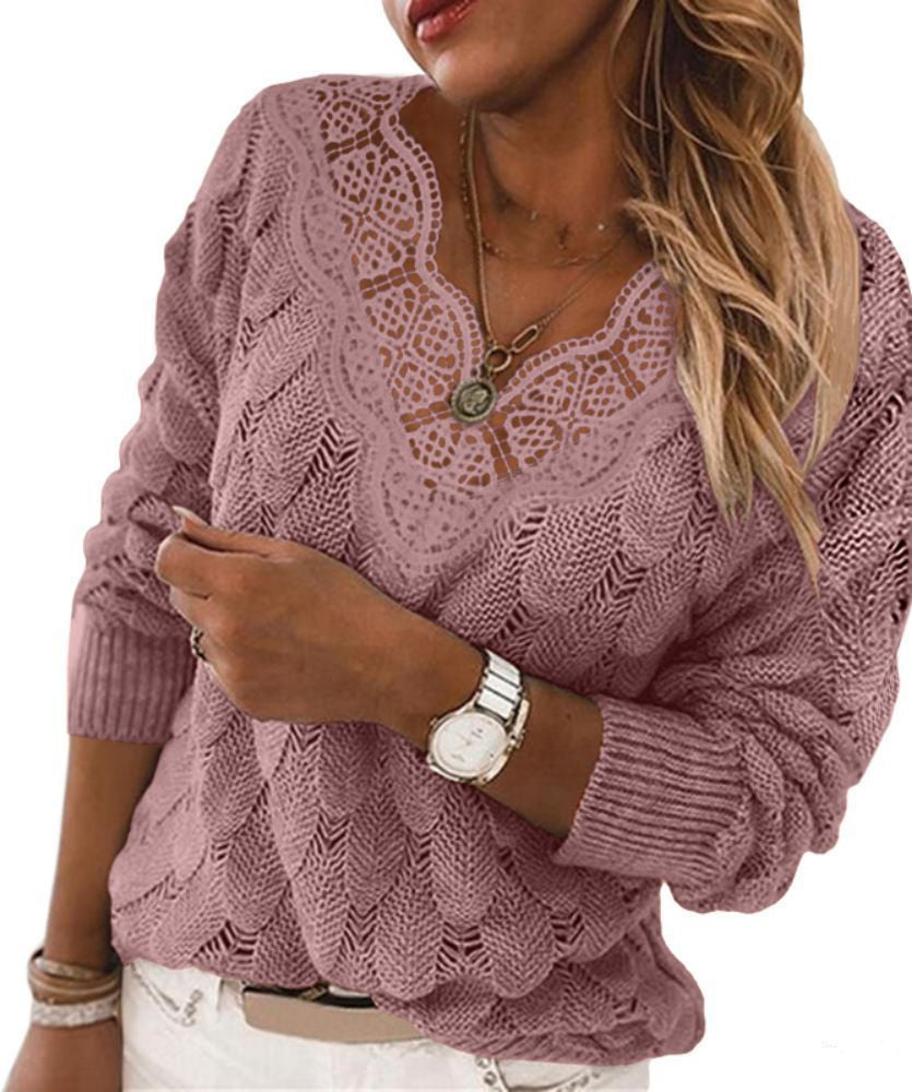 Solid Color Trendy V Neck Long Sleeve Knit Lace Womens Tops Wholesale Sweater Vendors Casual