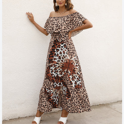 Leopard & Floral Printed Ruffled Off Shoulder Wide Lapel Resort Dress Wholesale Maxi Dresses