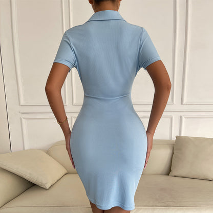 Sexy Lapel Single-Breasted Dress Solid Color Bodycon Midi Wholesale Dresses