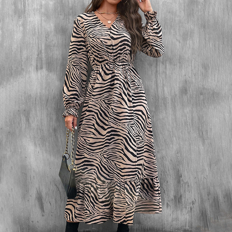 Zebra Print Long-Sleeve Casual High Waist Ruffled Dress Wholesale Dresses