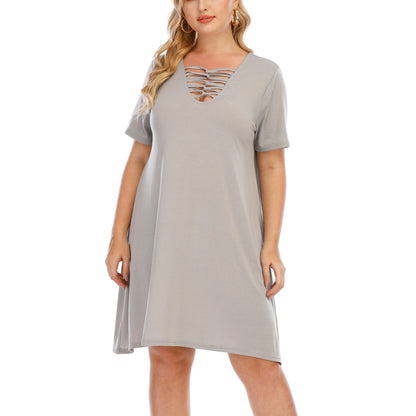 Short-Sleeved Wholesale Plus Size Dresses Deep V Hollow Cross Design