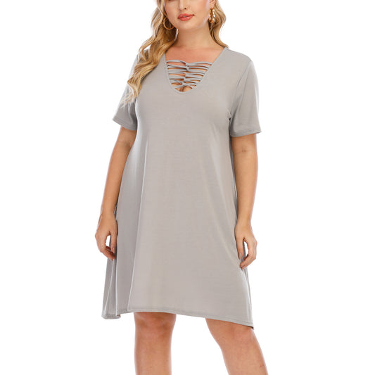 Short-Sleeved Wholesale Plus Size Dresses Deep V Hollow Cross Design