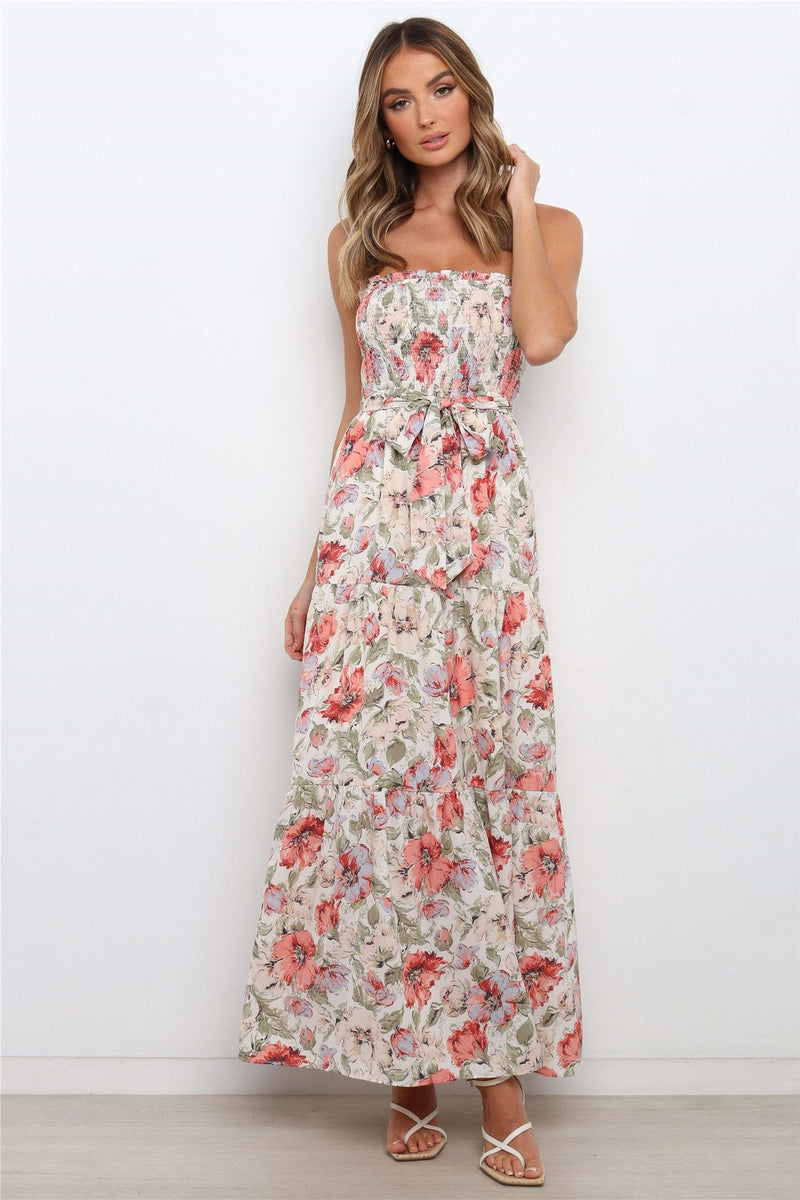 Floral Print Lace-Up Vacation Beach Sling Maxi Dresses Wholesale Bohemian Dress For Women
