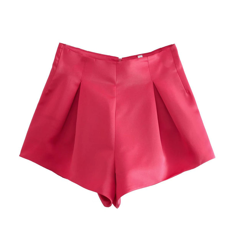 Pleated Solid Color Womens Short Satin Pants Fashion Wholesale Shorts