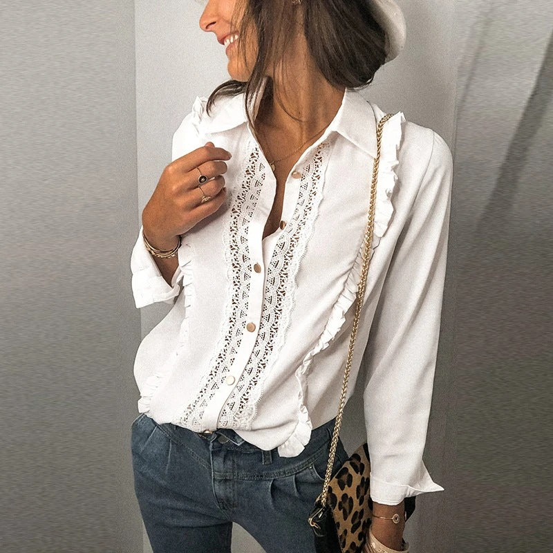 Lace Stiching Long Sleeve Solid Color Women'S Shirt Business Casual Wholesale Blouse