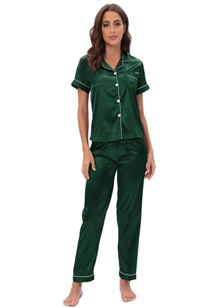 Plain Homewear Short Sleeve Lapel Shirts & Pants Satin Pajamas Womens 2 Piece Set Wholesale Loungewear