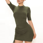 Plain Solid Ruched Half Sleeve Drawstring Wholesale Bodycon Dresses Casual Stretch Tight Short Dresses
