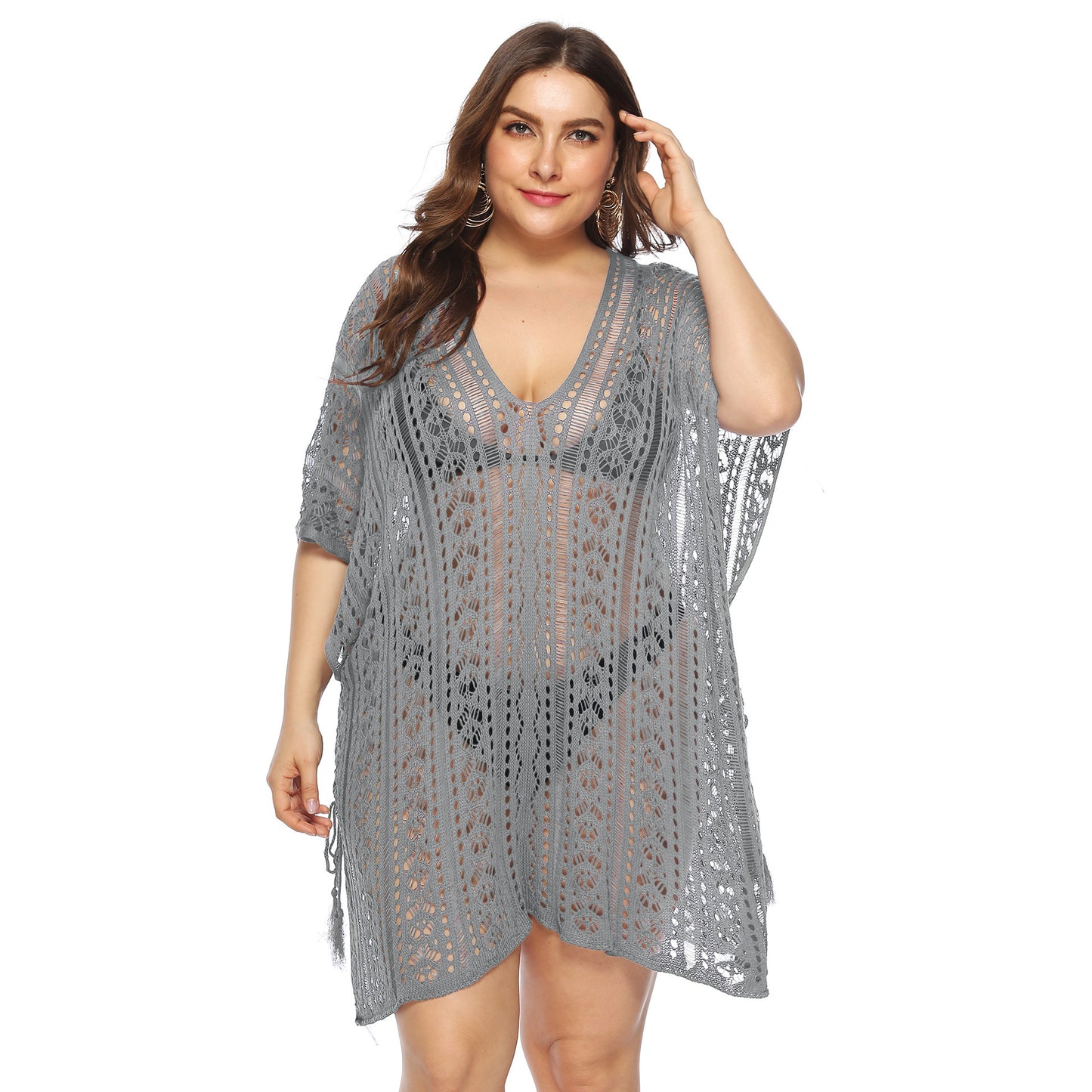 Sexy Cutout Knitted Bikini Cover Up V-Neck Slit Beachwear Curve Dresses Wholesale Plus Size Clothing