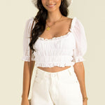 Lantern Short Sleeve Solid Color Pleated Ruffled Womens Ultra-Short Shirts Wholesale Crop Tops