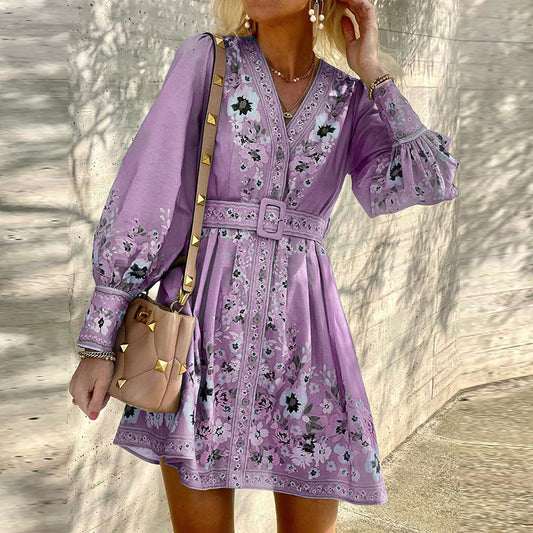 Long Sleeve V-Neck Loose Print Button-Up Boho Mini Dress Wholesale Dresses