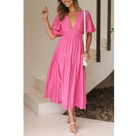 Solid Color Sexy Deep V-Neck Puff Sleeve Mid-Length Fashion Dress Wholesale Dresses